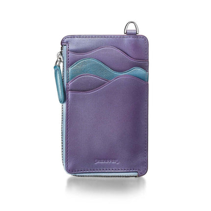 Sheaffer Expressions leather card case in purple with blue accents, featuring card slots and a zippered compartment.