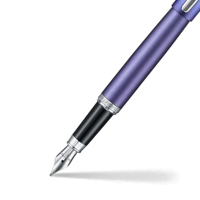 Sheaffer Expressions VFM 9430 fountain pen in purple with chrome-plated details, showcasing its elegant nib and design.