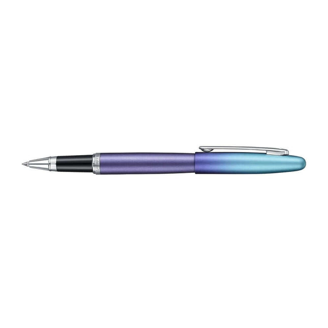 Sheaffer Expressions VFM 9430 blue and purple roller ball pen with chrome-plated trims and modern design.