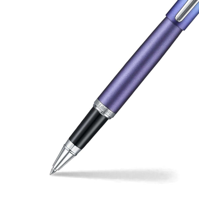 Sheaffer Expressions VFM 9430 blue and purple roller ball pen with chrome-plated trim.