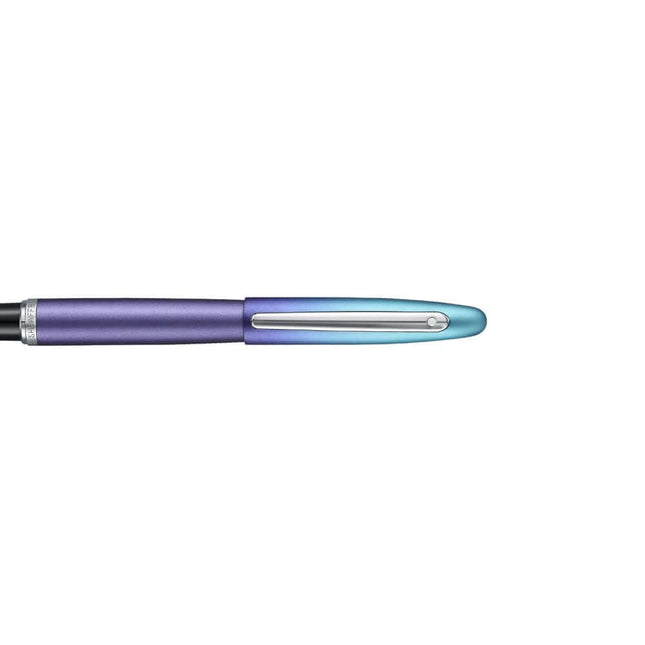 Sheaffer Expressions VFM 9430 blue and purple roller ball pen with chrome trim, showcasing its elegant design.