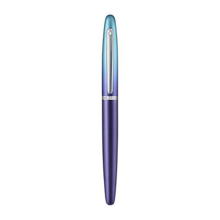 Sheaffer Expressions VFM 9430 blue and purple roller ball pen with chrome trims and tapered design.
