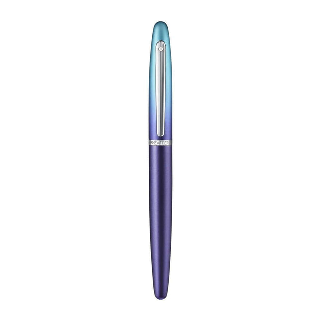 Sheaffer Expressions VFM 9430 blue and purple roller ball pen with chrome trims and tapered design.
