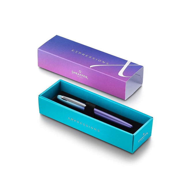 Sheaffer Expressions VFM 9430 roller ball pen in stylish packaging, showcasing blue and purple gradient design.