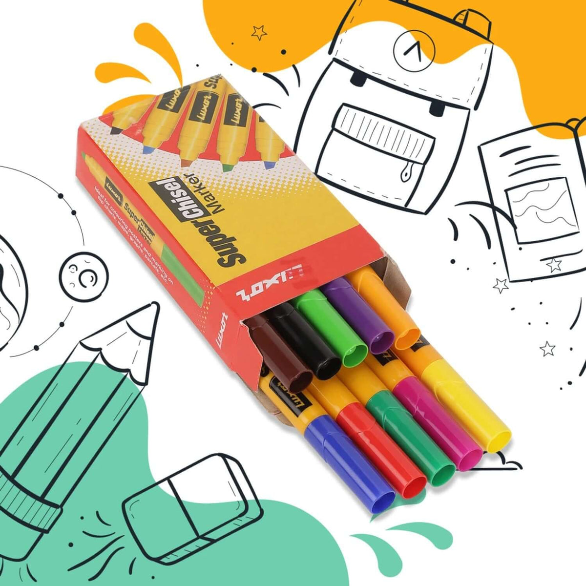 Luxor Super Chisel Marker Pen Assorted Set of 10 Shades in a colorful packaging with vibrant marker pens.