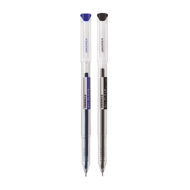 Unomax All Clear Ball Pen | Ink Colour - Blue and Black pens with clear bodies and vibrant ink.