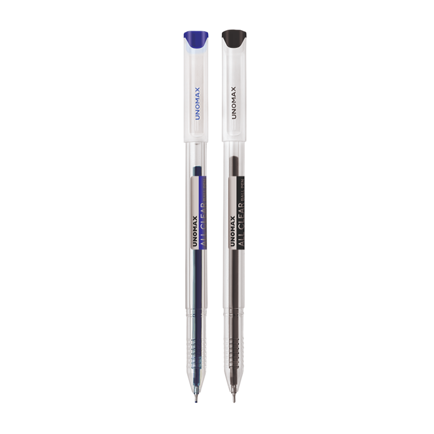 Unomax All Clear Ball Pen | Ink Colour - Blue and Black pens with clear bodies and vibrant ink.