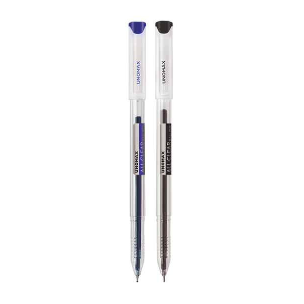 Unomax All Clear Ball Pen | Ink Colour - Blue and Black pens with clear bodies and vibrant ink.