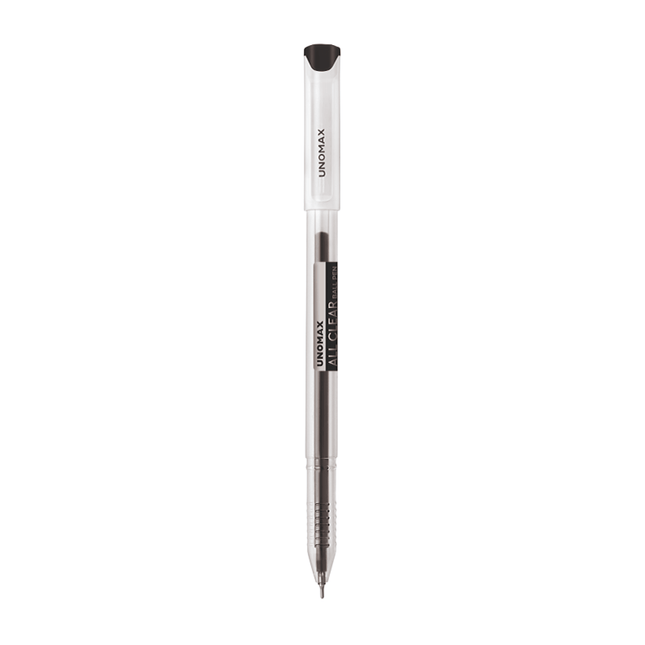 Unomax All Clear Ball Pen | Ink Colour - Blue and Black, featuring a transparent body and 0.7 mm tip for smooth writing.