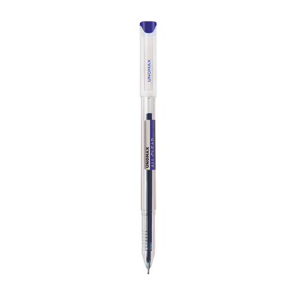 Unomax All Clear Ball Pen | Ink Colour - Blue and Black showing a clear body and blue cap.
