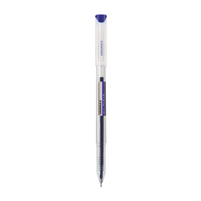 Unomax All Clear Ball Pen | Ink Colour - Blue and Black showing a clear body and blue cap.