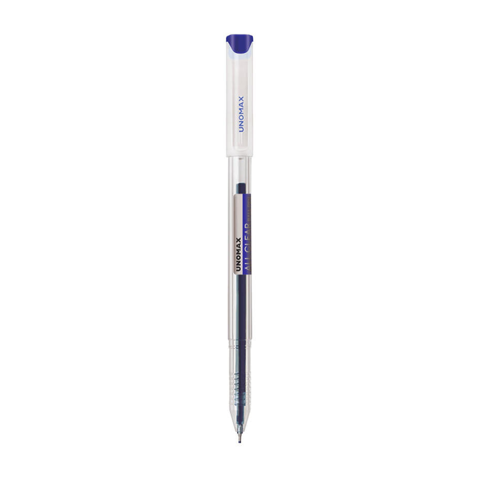 Unomax All Clear Ball Pen | Ink Colour - Blue and Black showing a clear body and blue cap.
