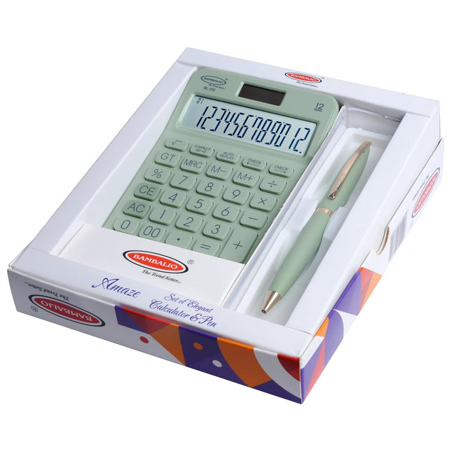 Bambalio Amaze Set of Calculator and Pen in packaging with a green calculator and stylish pen.