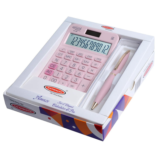 Bambalio Amaze Set of Calculator and Pen in stylish packaging with a pink calculator and pen.