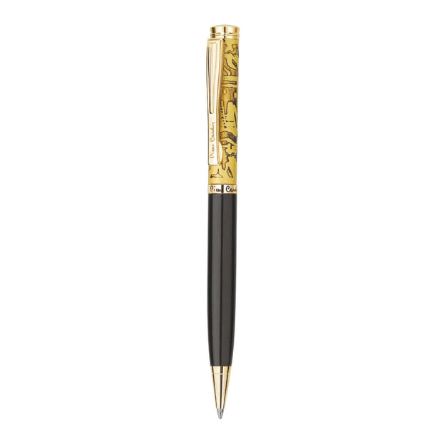 Pierre Cardin Antica Ball Pen in black and gold with engraved metal cap and glossy barrel.