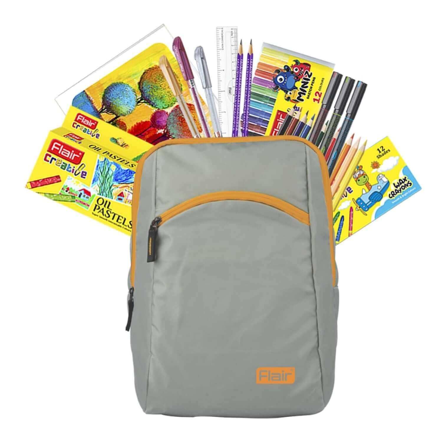 Flair Creative Art Club Kit | Stationery Kit of 12 Items in a gray backpack with various art supplies arranged around it.
