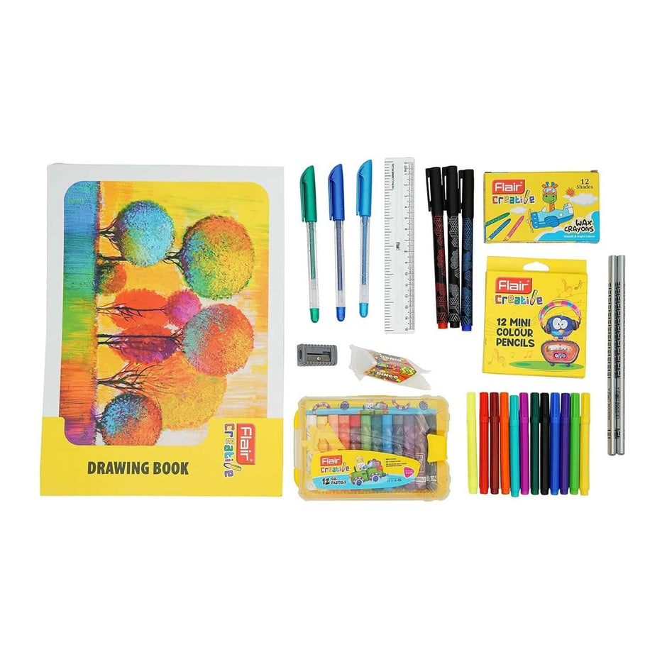 Flair Creative Art Club Kit | Stationery Kit of 12 Items featuring drawing book, color pencils, and pens.