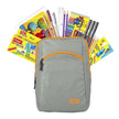 Flair Creative Art Club Kit | Stationery Kit of 12 Items in a gray backpack with various art supplies arranged around it.