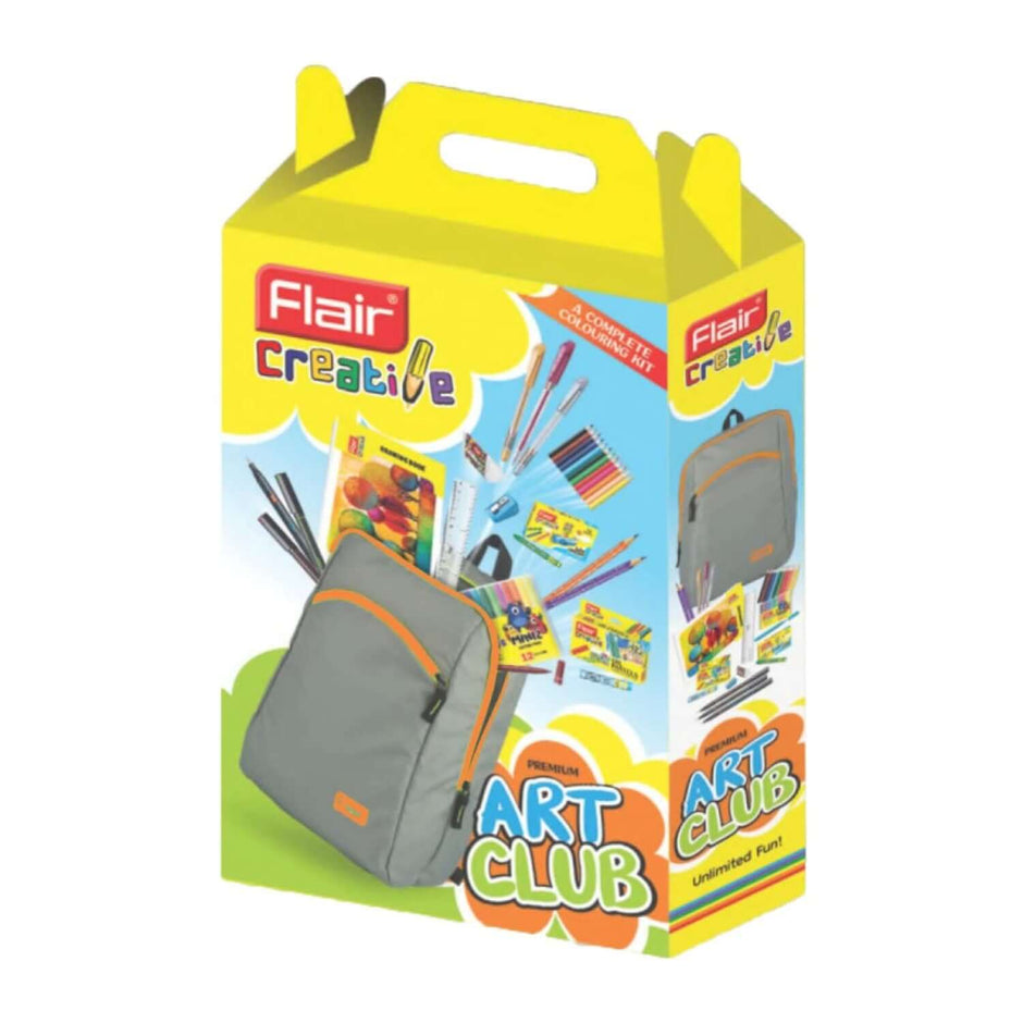 Flair Creative Art Club Kit | Stationery Kit of 12 Items packaging featuring essential art supplies.