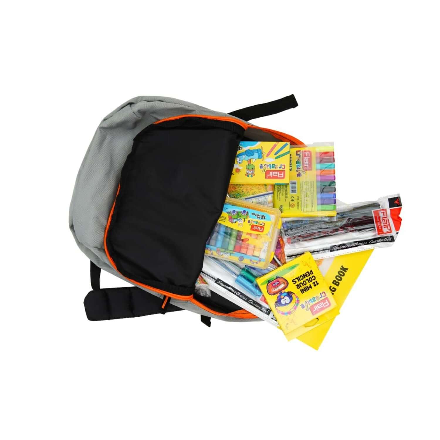 Flair Creative Art Club Kit | Stationery Kit of 12 Items included in a gray backpack.