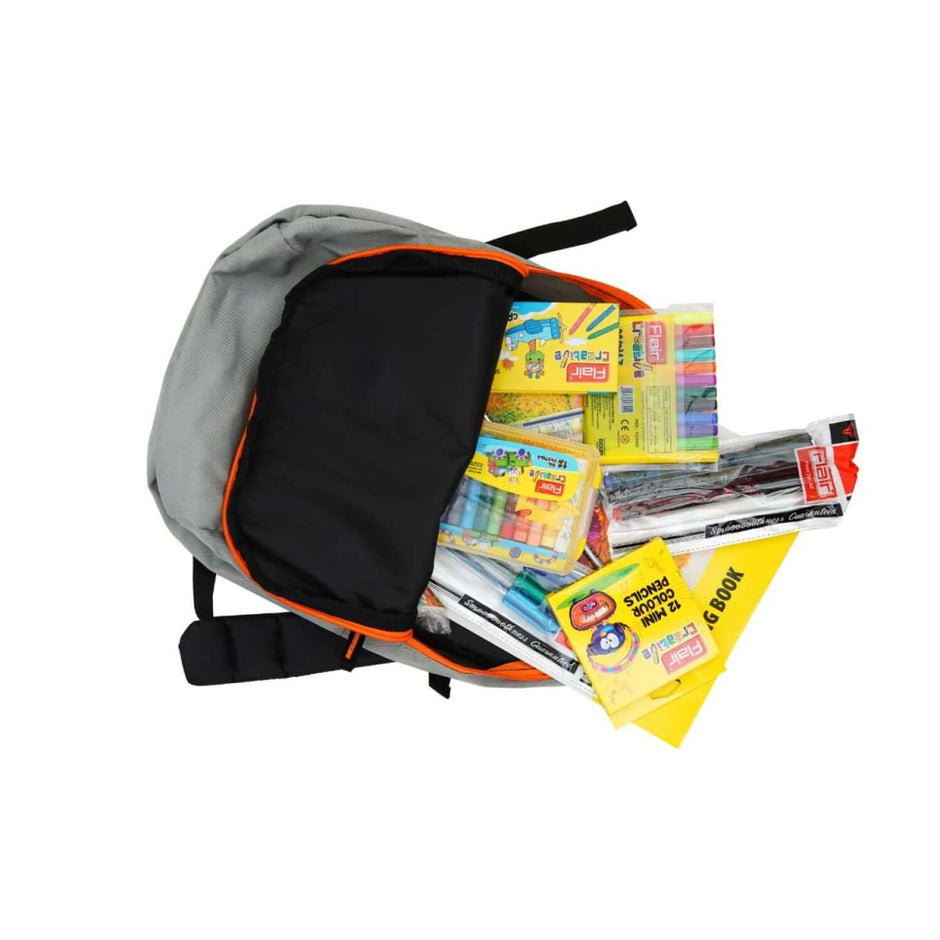 Flair Creative Art Club Kit | Stationery Kit of 12 Items included in a gray backpack.