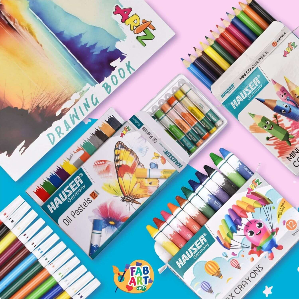 Hauser Artz Fab Art Kit | Stationery Kit of 11 Assorted Items including drawing book and various art supplies.