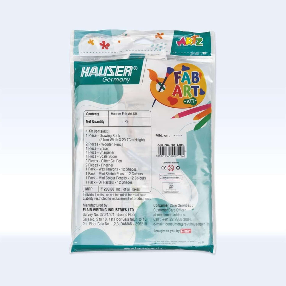 Hauser Artz Fab Art Kit | Stationery Kit of 11 Assorted Items packaging and contents description.