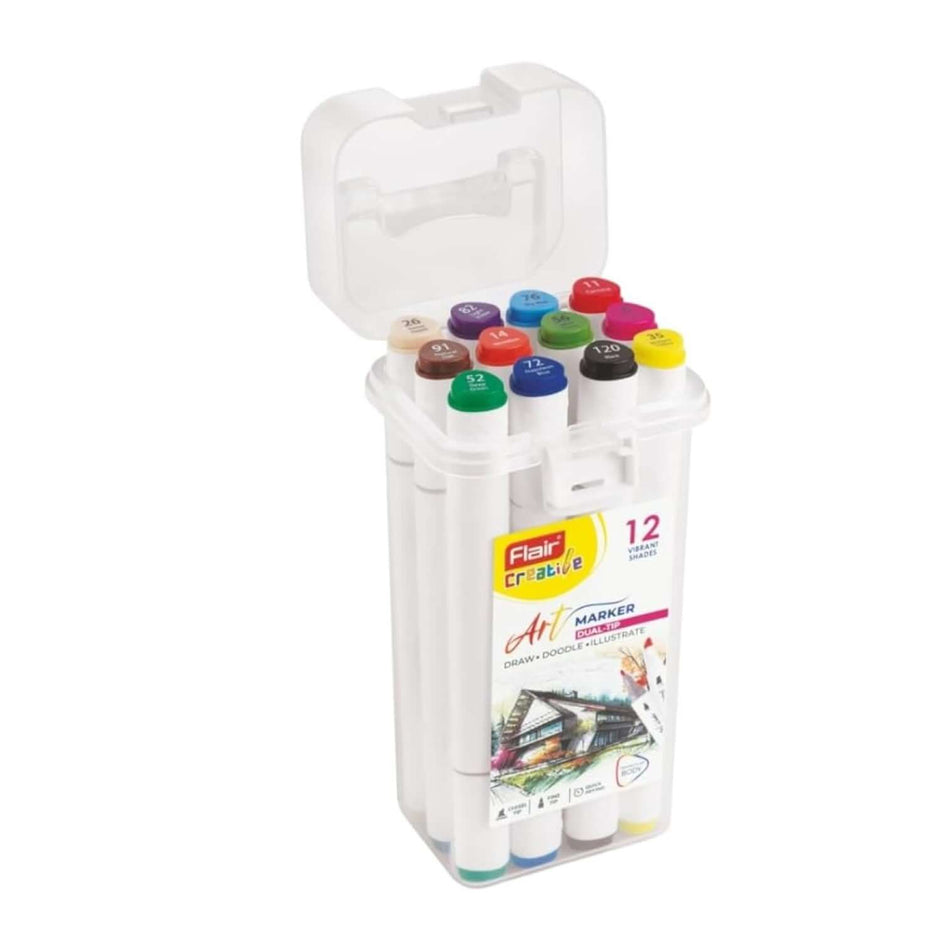 Flair Creative Art Marker 12 Shades | Dual Tip - Brush and Fine set in clear container with assorted vibrant colors.