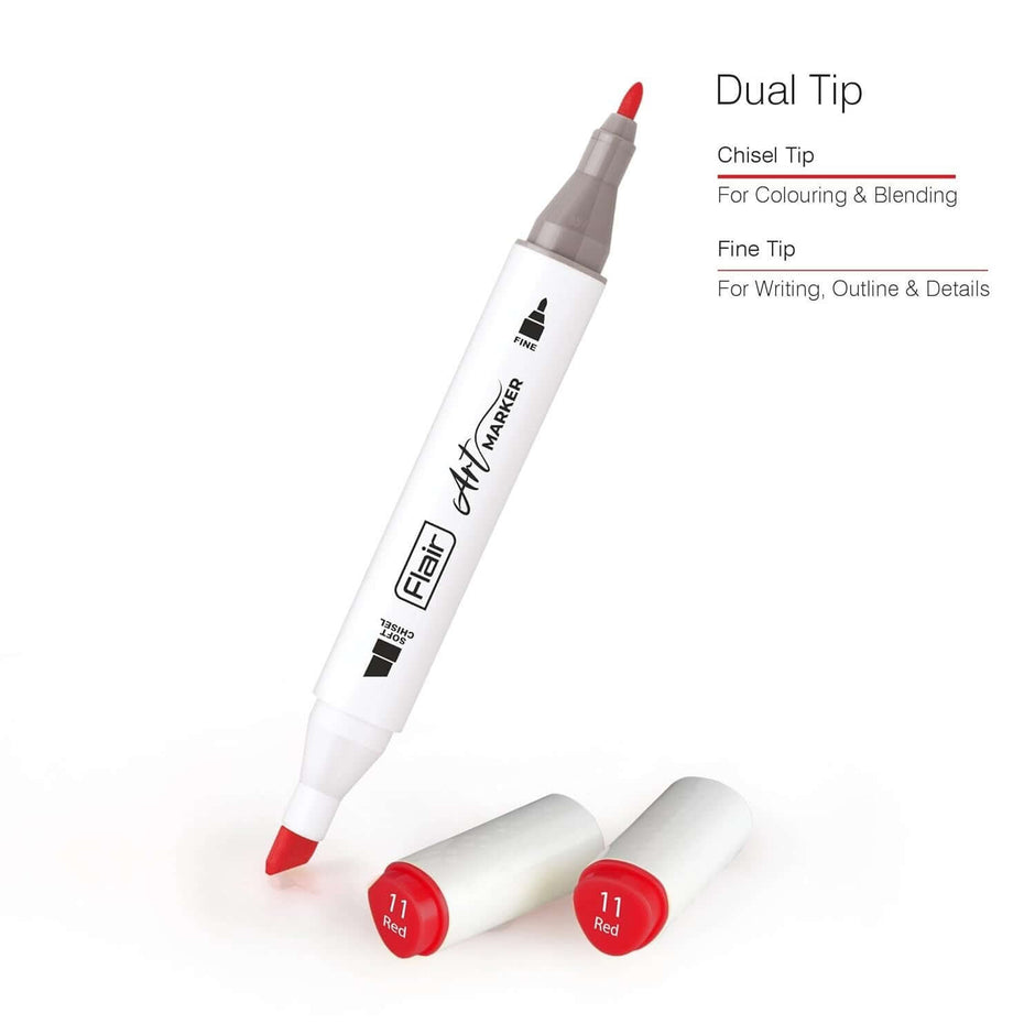 Flair Creative Art Marker 12 Shades | Dual Tip - Brush and Fine showcasing dual tips - chisel and fine for coloring and details.
