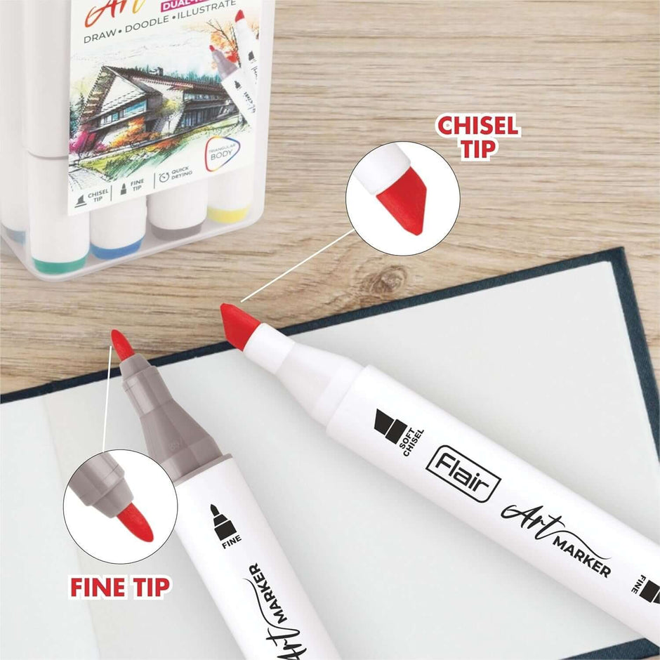 Flair Creative Art Marker 12 Shades | Dual Tip - Brush and Fine with chisel and fine tips displayed on a sketchbook.