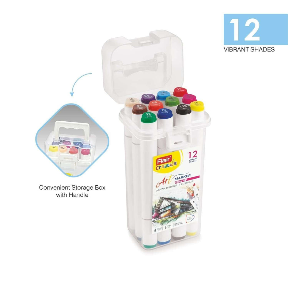 Flair Creative Art Marker 12 Shades | Dual Tip - Brush and Fine set in a convenient storage box with handle.