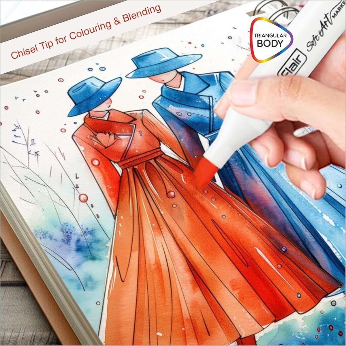 Flair Creative Art Marker 24 Shades | Dual Tip - Brush and Fine in use for coloring and blending fashion illustration.