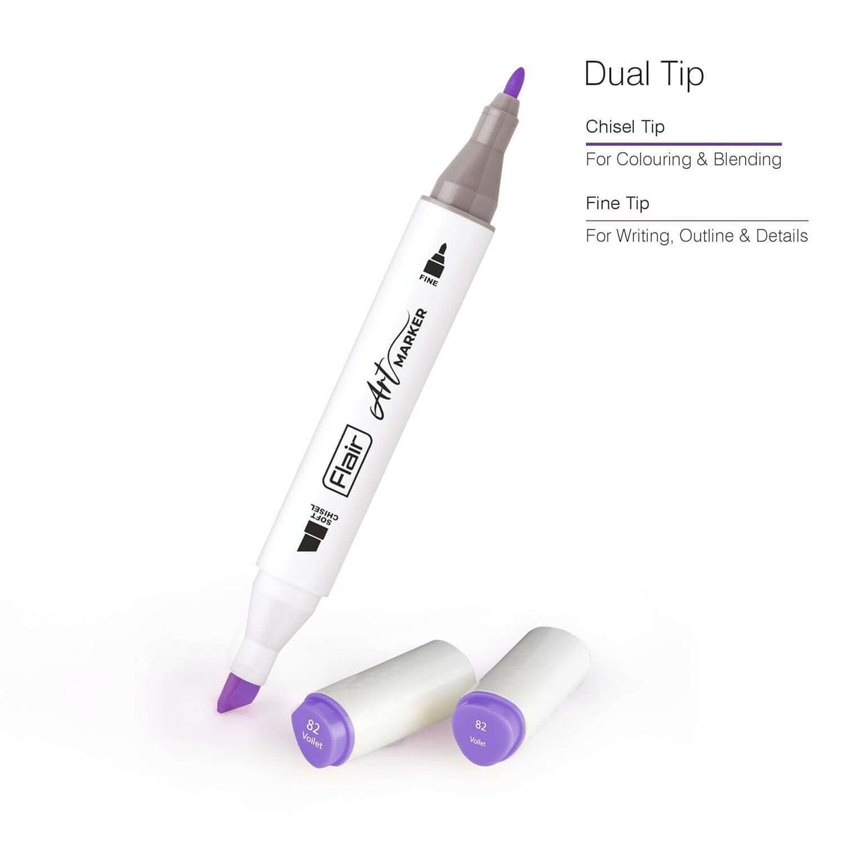 Flair Creative Art Marker 24 Shades | Dual Tip - Brush and Fine showing chisel and fine tips for versatile coloring.