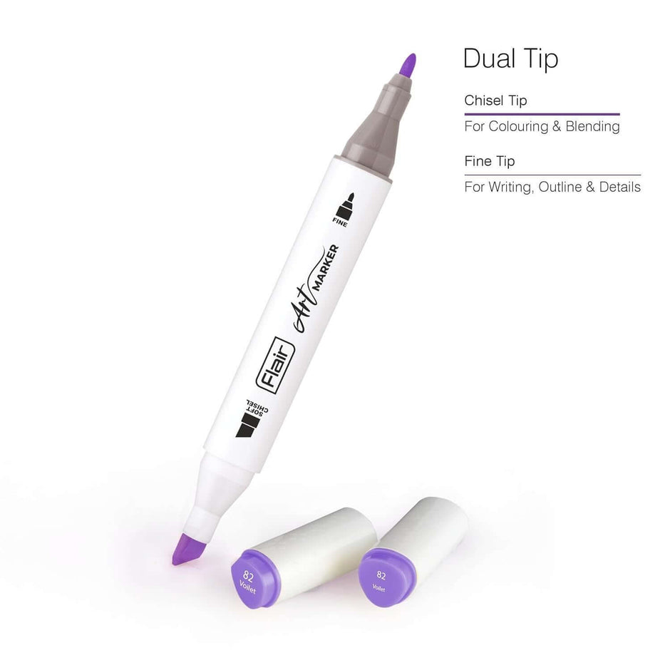 Flair Creative Art Marker 24 Shades | Dual Tip - Brush and Fine showing chisel and fine tips for versatile coloring.