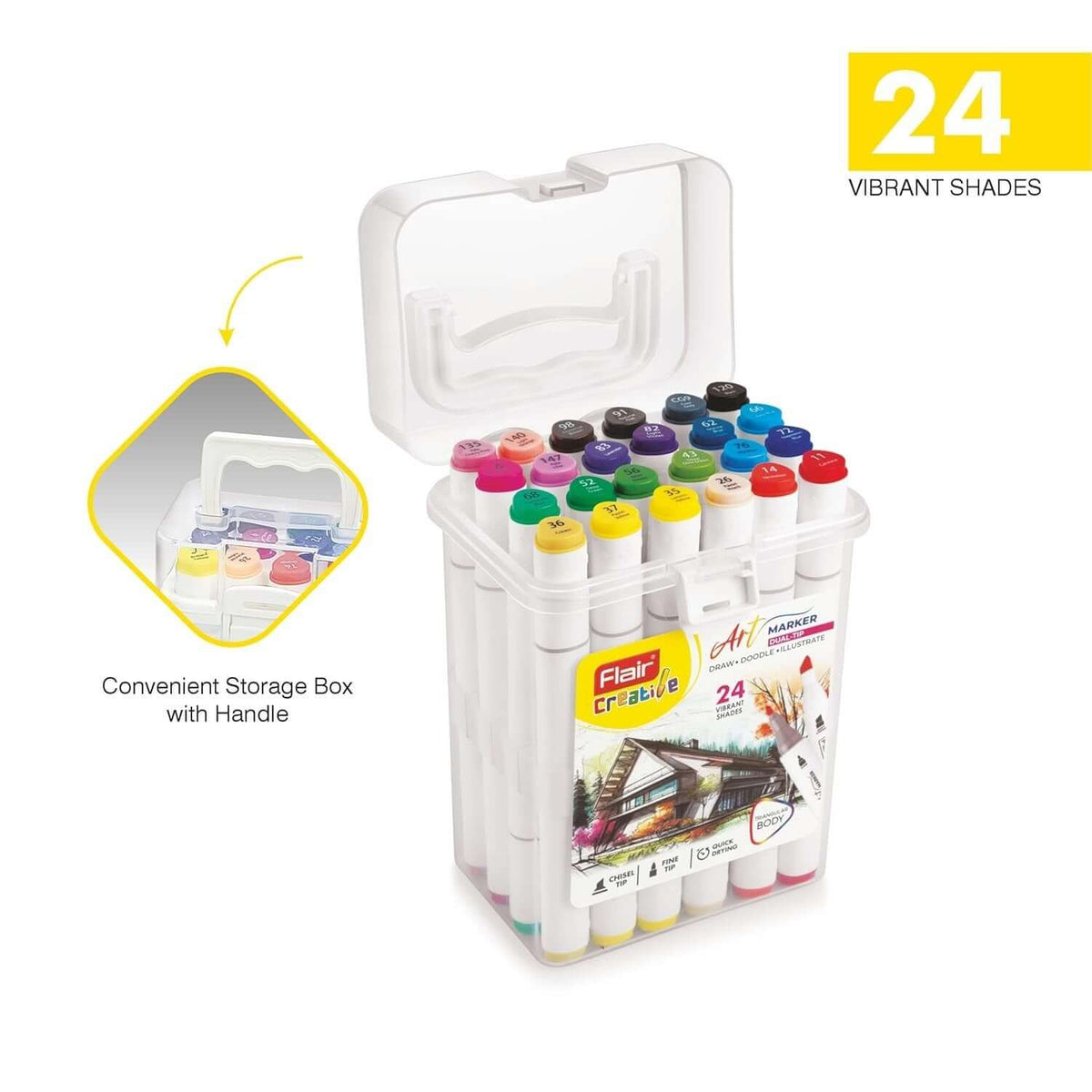 Flair Creative Art Marker 24 Shades | Dual Tip - Brush and Fine set displayed in a convenient storage box with handle.