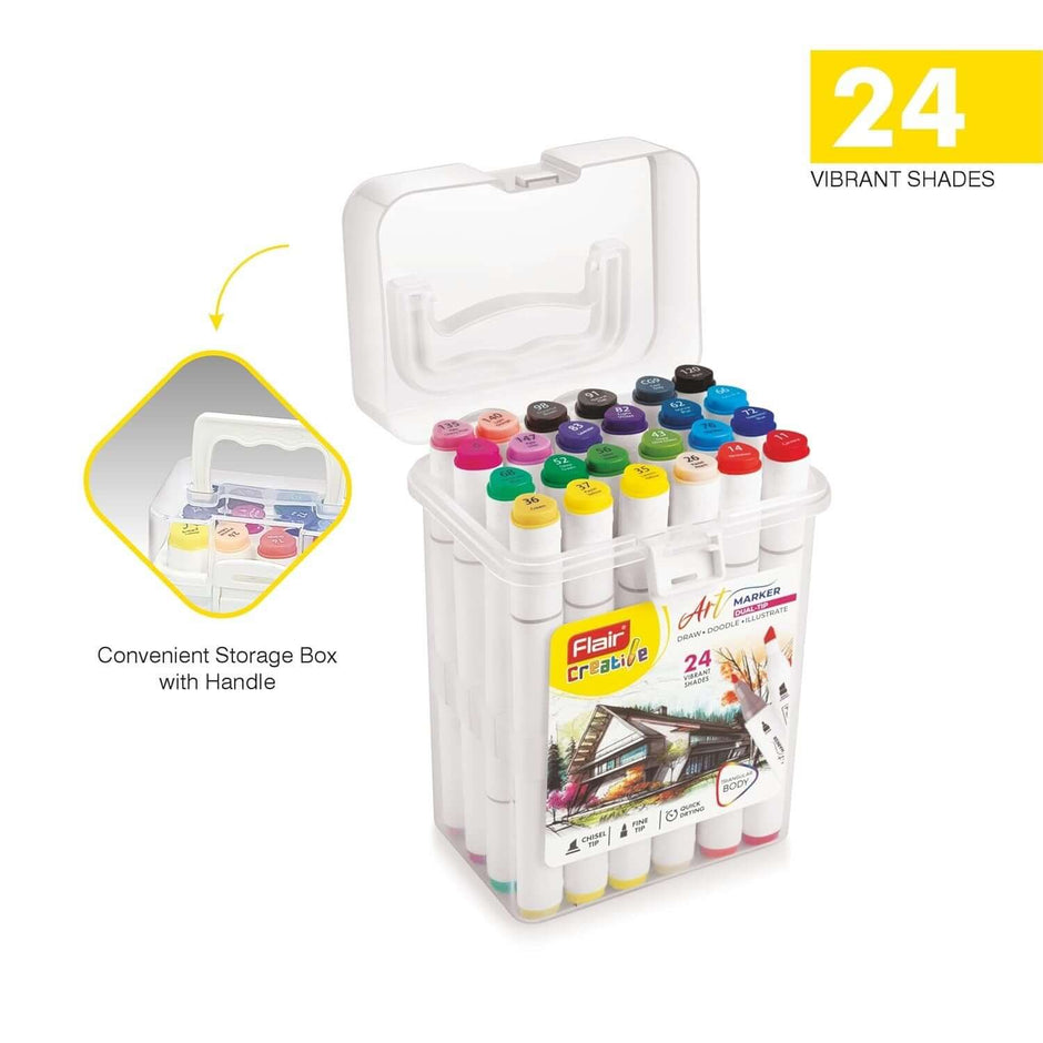 Flair Creative Art Marker 24 Shades | Dual Tip - Brush and Fine set displayed in a convenient storage box with handle.