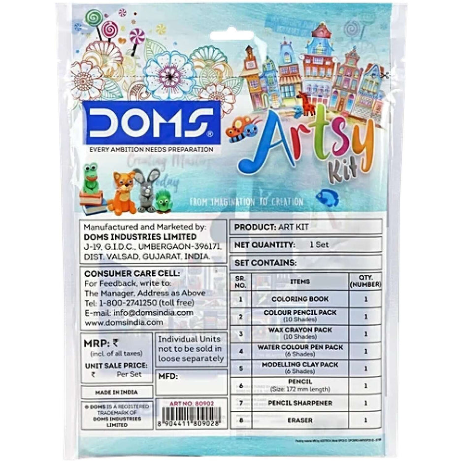 DOMS Artsy Kit | Combination of 8 Art & Coloring Items packaging showing all included items and details.