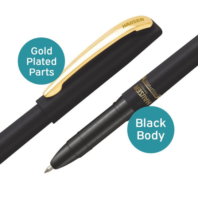 Hauser Aspire Ball Pen | Ink Colour - Blue with gold plated parts and black body design.