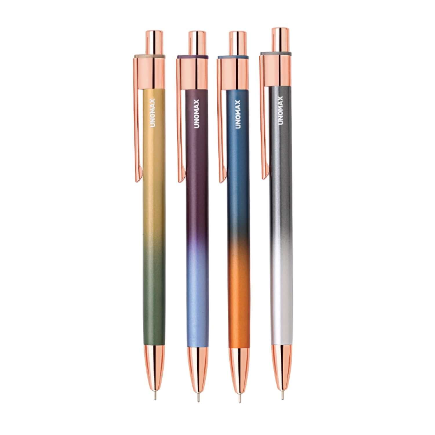 Unomax Aurum Ball Pen | Ink Colour - Blue, featuring a gradient finish and rose gold clip.
