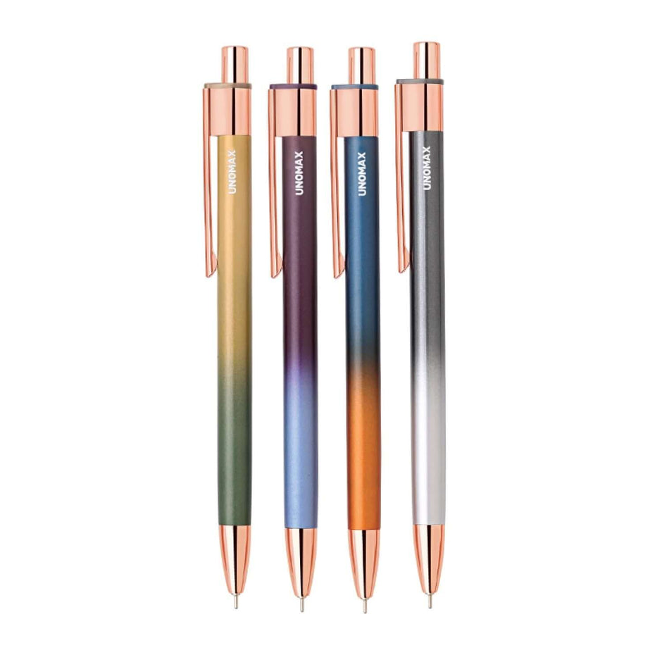 Unomax Aurum Ball Pen | Ink Colour - Blue, featuring a gradient finish and rose gold clip.