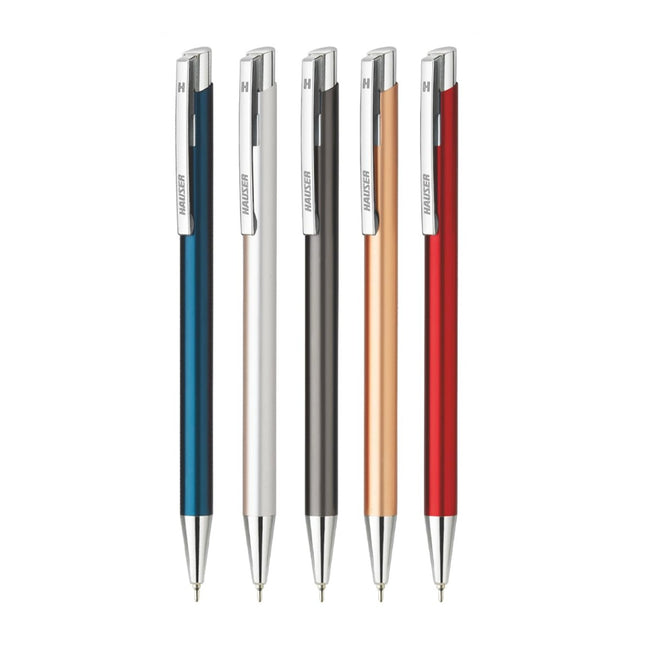 Hauser Aurus Metal Ball Pen | Ink Colour - Blue and assorted colors displayed in a row.