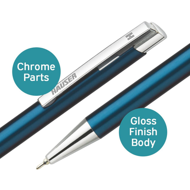 Hauser Aurus Metal Ball Pen | Ink Colour - Blue featuring chrome parts and a gloss finish body.