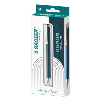 Hauser Aurus Metal Ball Pen | Ink Colour - Blue in stylish packaging showcasing its design and color.