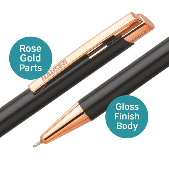 Hauser Aurus Rose Gold Ball Pen | Ink Colour - Blue showcasing rose gold parts and gloss finish body.
