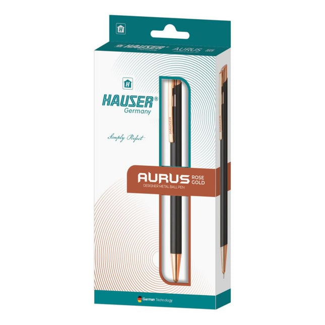 Hauser Aurus Rose Gold Ball Pen | Ink Colour - Blue packaging with premium design and rose gold accents.