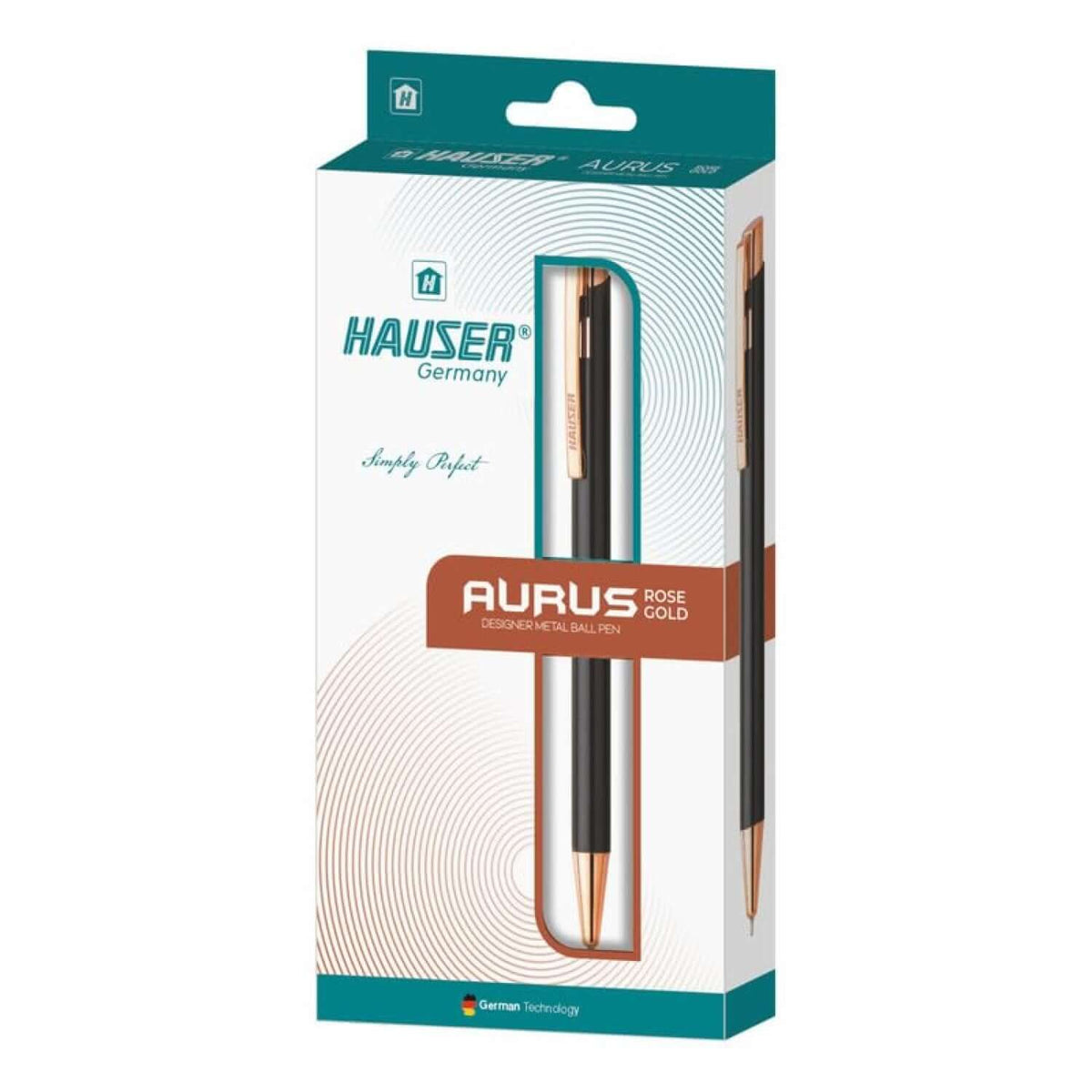 Hauser Aurus Rose Gold Ball Pen | Ink Colour - Blue packaging with premium design and rose gold accents.