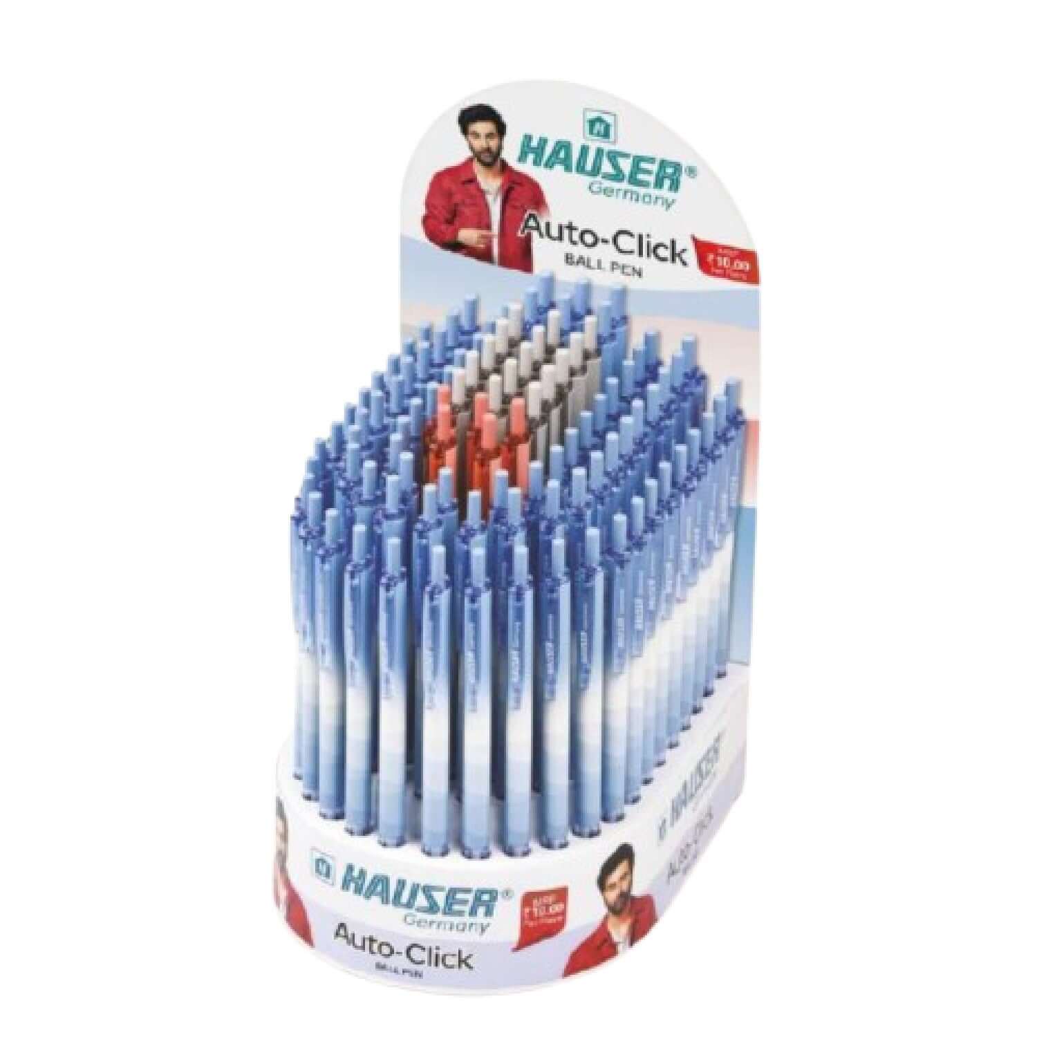 Hauser Auto-Click Ball Pen Pack of 100 | Ink Colour - Blue, Black and Red display with various colored pens.