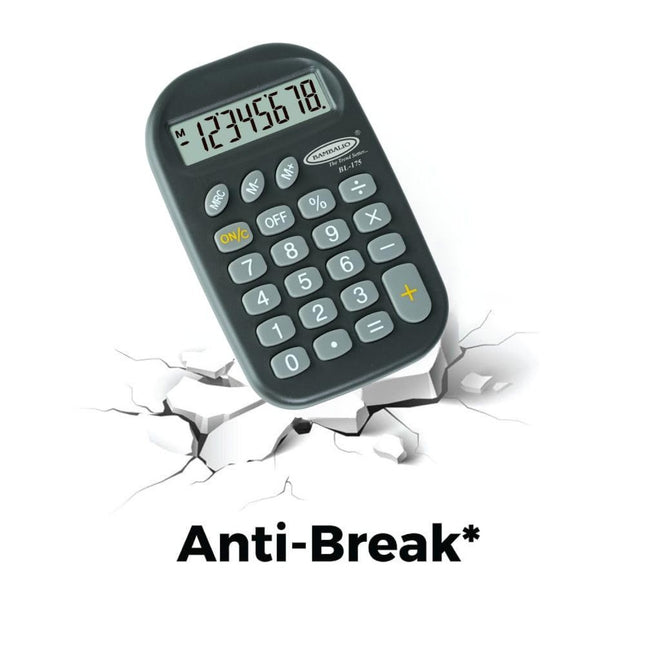 Bambalio BL-175 8 Digits Pocket Calculator with anti-break feature on a cracked surface.