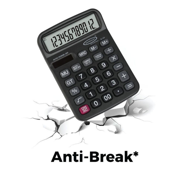 Bambalio BL-222 12 Digits Desktop Calculator with anti-break feature, displayed on cracked surface.
