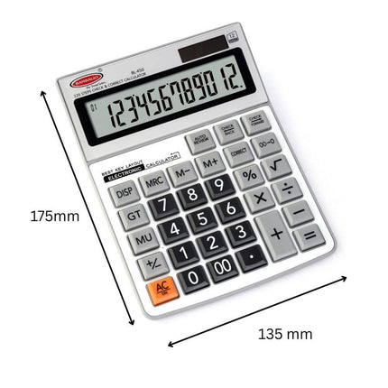 Bambalio BL-450 12 Digits Desktop Calculator shown with dimensions and display.